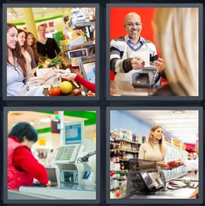 paying at store, man ringing up purchase, groceries check out, purchase at store