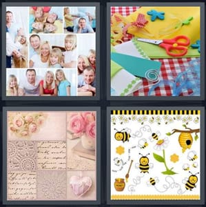 photos pasted together of family, scrapbooking materials with scissors, wedding remembrance book, bees in hives cartoon paper