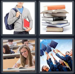 student with books and backpack, stack of large thick university books, university student in class studying, graduation with robes and caps