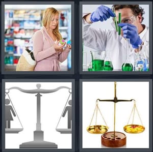 woman shopping looking at products, chemist examining test tubes, men and women equal, justice brass and wood scale