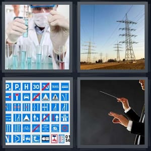 chemist looking at test tubes with blue liquid, electrical wires and towers, traffic symbols signs, musician leading orchestra