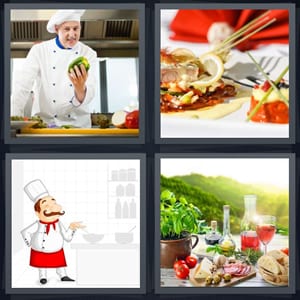 chef in kitchen in restaurant, fancy dinner plate at restaurant, cartoon cook in kitchen, fancy Italian spread with cheese and wine