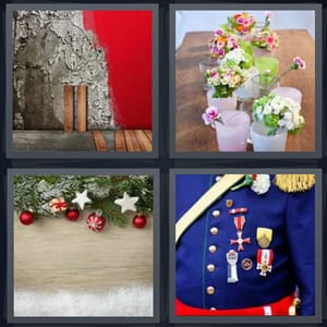 painting room red, flowers in vases, holiday Christmas ornaments, uniform with many medals