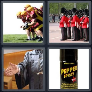 football team about to charge, beefeater British royal guards, judge in court with black robe, can of pepper spray