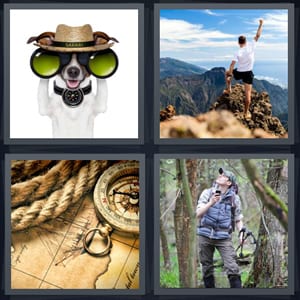 dog with binoculars and safari hat, man on top of mountain, compass and antique map, hiker in woods