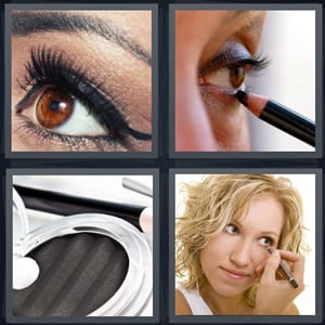 mascara on lashes, eye with shadow, makeup container, woman applying makeup