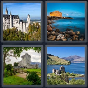 chateau in Europe with spires, sea with large stone structure, castle on green field, island with castle