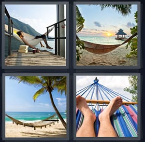 man taking nap outside in swing, paradise beach at sunset, beach front with ocean, feet resting