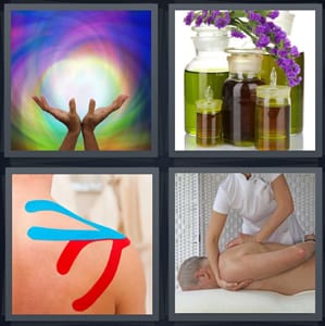 hands with light coming up, lavender essential oil, bandage on shoulders, woman giving massage on shoulders