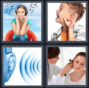 girl listening to music in headphones, boy listening with hand to ear, ear with audio sounds, doctor checking ears