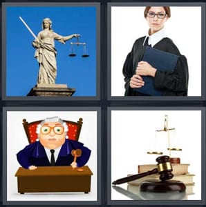 statue of woman with scales even, lawyer with notebook and robe, cartoon judge at court bench, judge gavel with books