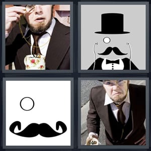 man with eyeglass for one eye, drawing of tophat, drawing of mustache, Victorian man with drink in hand