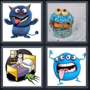 blue creature fuzzy, cookie cupcake with eyeballs, cartoon of scared girl with green claw under bed, blue creature with long tongue and four eyes