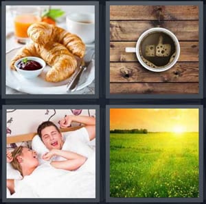 croissants for breakfast, coffee on rustic wooden table, couple waking up in bed, sunrise over green field