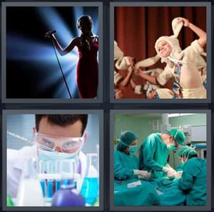 woman singing on stage with microphone, kids performing in musical dressed like rabbits, chemist measuring liquids, surgeons doing operation