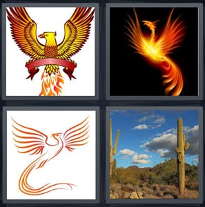 crest bird with fire, bird made of fire, drawing of bird with orange tail, cactus in desert with blue sky