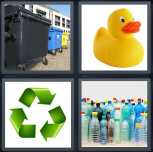 bins for trash dumpsters, rubber duck for bath, recycling green symbol, water bottles for recycling