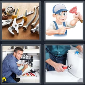 tools for fixing bathroom, cartoon worker with plunger, man working under sink, man working on toilet