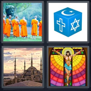 Buddhist monks in orange robes, box with many religious symbols, church basilica with birds flying, stained glass window with Jesus