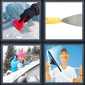 ice scrape on windshield, putty knife, snow on car with woman, man washing windshield