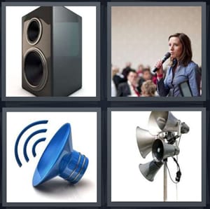 box for playing music, presenter at conference with microphone, amplify sound, megaphones for loud announcements