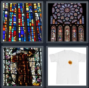 rainbow window with glass, church windows, saint etched in window, stain on white tshirt