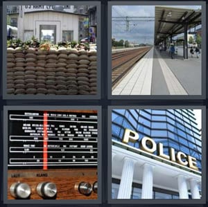 sandbags in front of army office, train platform, radio dials on analog radio, police building with glass