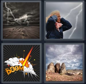 lightning bolts electric, woman in loud storm, boom cartoon, lightning striking rocks with dark clouds