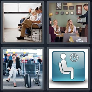 doctors office line to see doctor, man serving group at restaurant, woman in airport, icon for seating or sit