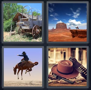 wooden carriage, red sandstone in Utah, cowboy on horse out west, cowboy hat with revolver and bullets